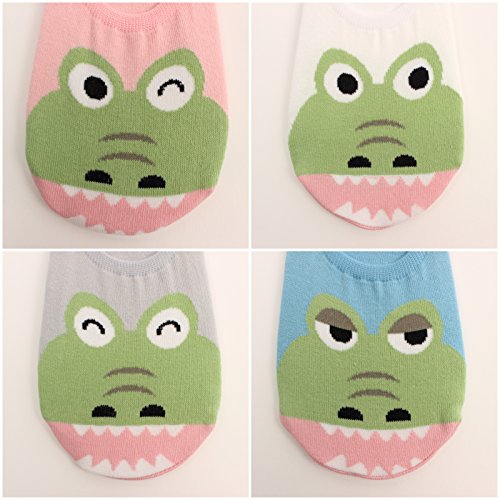 WOWFOOT Women Animal Design No-Show Casual Liner Socks Character Print Non Slip Flat Boat 4 Pair (4pair-lovely crocodile) - Thumbnail 5