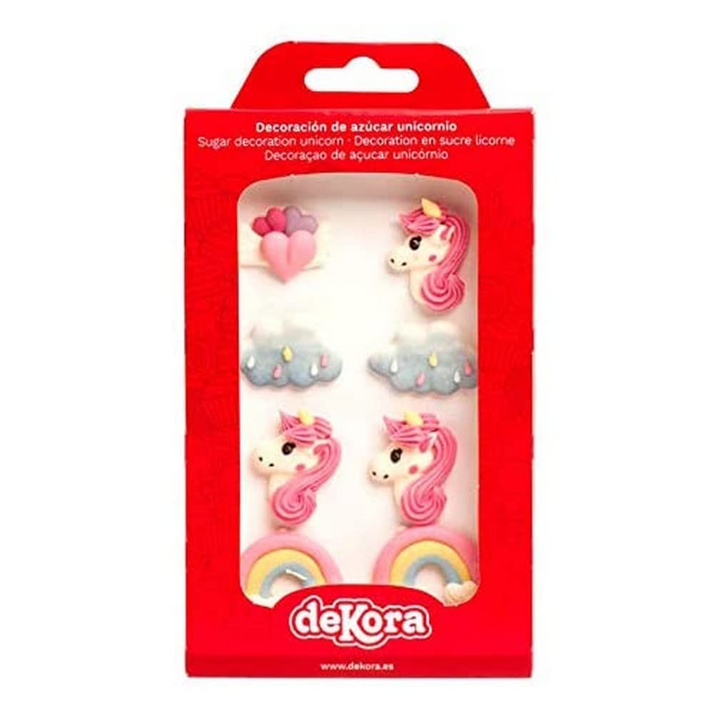 Dekora - Edible Sugar Cake Or Cupcake Decoration - Pack Of 8 Edible Figures Including Unicorn, Hearts & Rainbows - Suitable For Vegetarians