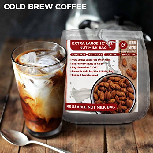 Organic Reusable Nut Milk Bag – Best Quality Almond Milk Bag and Muslin Strainer – Fine Nylon Mesh Cheesecloth & Cold Brew Coffee Filter – 12”x12” Premium Quality Food Sack + Free Ebook - Thumbnail 4