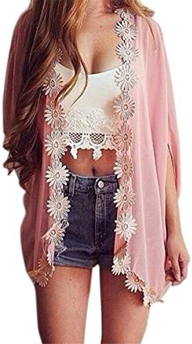 Tirahse Fashionable Women Sweater Coat, Ethnic Lace Flower Loose Kimono Cardigan Jacket (S, Pink)