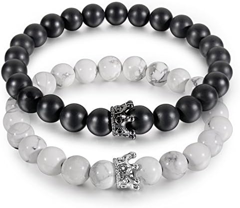 Couple Black Matte Agate & White Howlite CZ Crown Queen 8mm Beads Bracelet, 7.5"