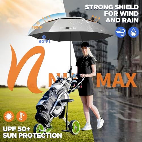 NINEMAX Large Sun Umbrella, Anti UV Umbrella, Golf Umbrellas Large Size Storm Umbrella, Solid Anti-Wind Umbrella Shatterproof for Men Women 2 People (Silver/Black)