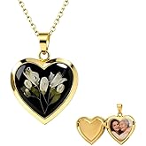 Vintage Heart Locket Necklace, Handmade Pressed Flower Photo Pendant, Boho Jewelry for Women, Floral Gold-Tone Heart Necklace with Photo Holder, Retro Hippie Jewelry,Birthday Gift for Women Girls