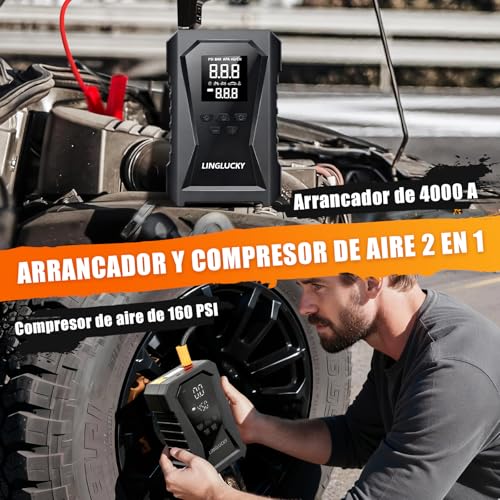 LINGLUCKY Arrancador de Batería de Auto Portátil 3000A y Compresor de Aire 150PSI,Jumper para Carro de 12V(9L Gasolina/6.5L Diésel) con Pantalla LCD,Linterna LED,Luz de Emergencia,12000mAh Power Bank