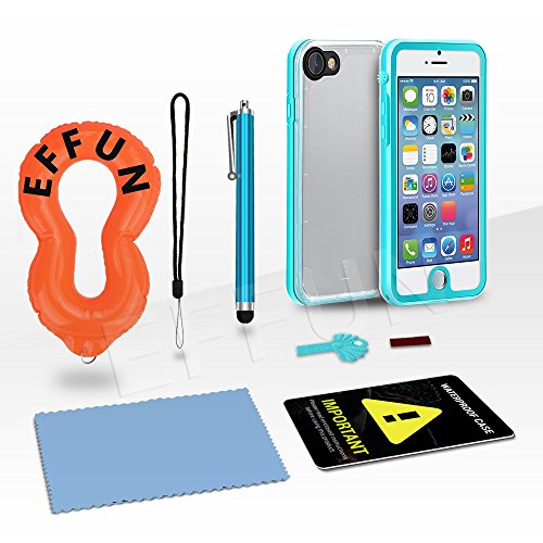iPhone 7 Waterproof Case, EFFUN IP68 Certified Waterproof Underwater Cover Dustproof Snowproof Shockproof Case with Cell Phone Holder, PH Test Paper , Stylus Pen and Floating Strap Aqua Blue