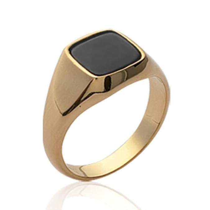 ISADY - Simon Gold - Herren Ring Damen Ring - Siegelring - 18 Karat (750) Gelbgold platiert - Imit. Onyx Schwarz
