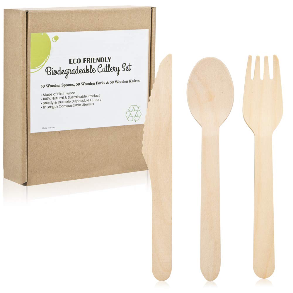 150pcs Disposable Wooden Cutlery Set Biiodegradable Eco Friendly for BBQ Picnic Party 50x Forks 50x Spoons 50x Knives