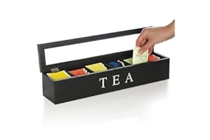 FinerFurnis Elegant Wooden Tea Bag Organizer with Glass Lid – 6 Compartments for Tea Bags and Sugar Packets – Drawer, Shelf, 