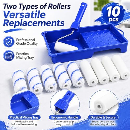 Pequeno rolo de tinta Adicione pegas e tabuleiros, 10 PCS, 10 recargas de espuma de 10 cm (dois materiais), kit de rolo de tinta em espuma para pintura DIY com tintas