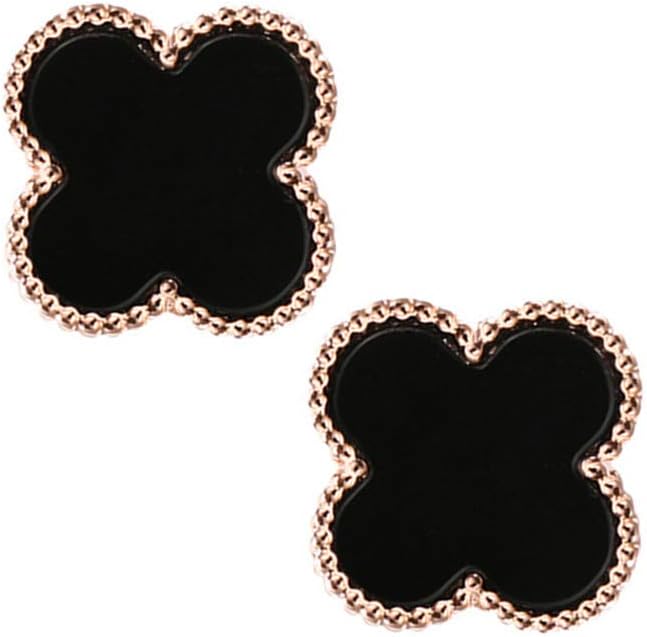 18K Gold Plated Vintage Beads Sided Black Onyx Agate Four Clover Charm Stud Earrings