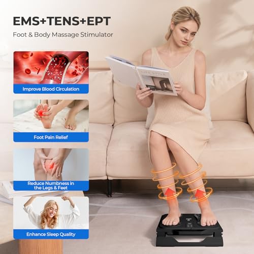 Masajeador de pies con estimulador de la circulación sanguínea, EMS y TENS: masajeador eléctrico de pies con 10 modos, 20 niveles de intensidad y 4 electrodos para aliviar el dolor y mejorar