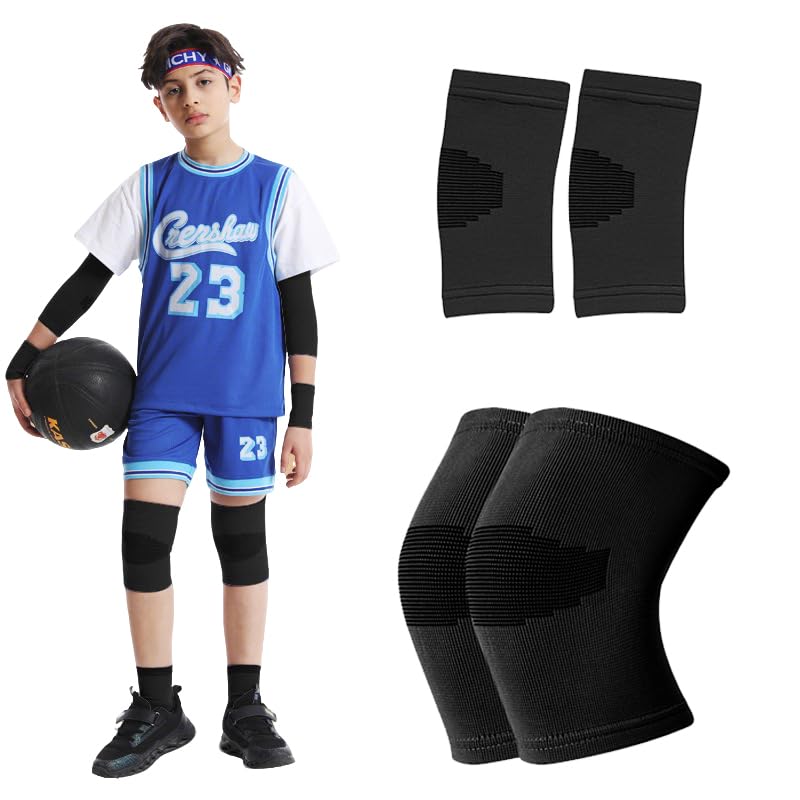 Photo 1 of Elbow And Knee Sleeves Kids, Toddler Knee Braces Elbow Braces Volleyball, Tennis Elbow Compression Sleeve, Kids Knee Brace Elbow Brace for Volleyball Basketball Baseball Football Cycling (Black, Medium)