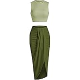 ZAFUL Women's Casual Sleeveless Summer Two Piece Outfits Crop Top and Side Split Draped Ruched Maxi Skirt Set Solid Suiting