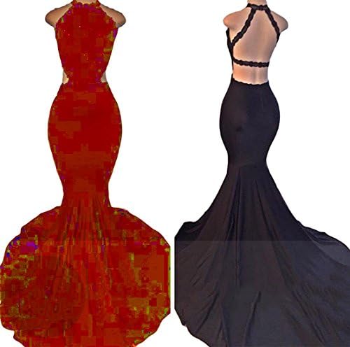 VikDressy Women's Mermaid Lace Sequins Beaded Prom Party Dress Satin Split Halter Evening Dress