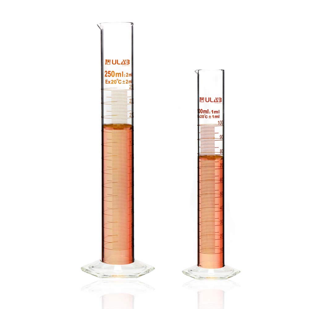 ULAB Scientific Thick Glass Graduated Measuring Cylinder Set, 2 Sizes 100ml 250ml 3.4oz 8.5oz, 3.3 Borosilicate, Hexagonal Base, UMC1005