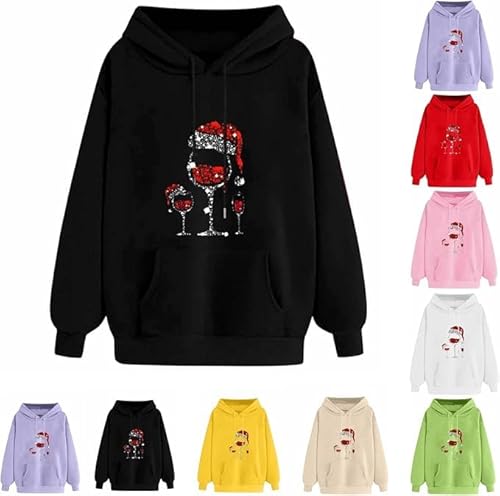 ladies jumper,Hoodies for Women UK Fashion Oversized Red Wine Glass Print Christmas Sweatshirts Long Sleeves Drawstring Jumpers Autumn Ladies Casual Pullover S-5XL,hoodie for women uk,S B-Black
