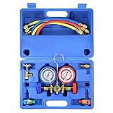AURELIO TECH MGS-0005-WZ 3 Way A/C Diagnostic Manifold Gauge Set, Fits R134A R12 R22 and R502 Refrigerants, with 5FT Hose, Acme Tank Adapters, Couplers and Can Tap