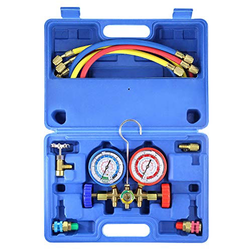 AURELIO TECH MGS-0005-WZ 3 Way A/C Diagnostic Manifold Gauge Set, Fits R134A R12 R22 and R502 Refrigerants, with 5FT Hose, Acme Tank Adapters, Couplers and Can Tap