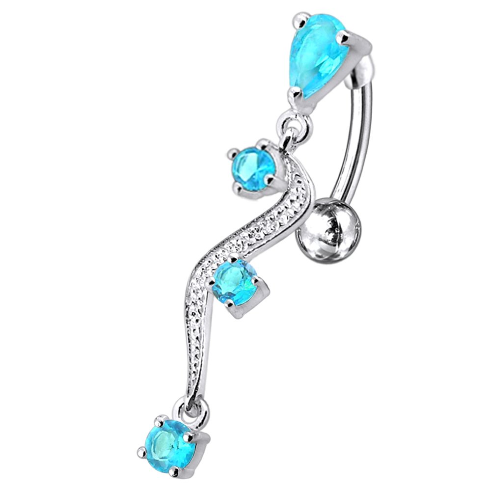 CZ Crystal Stone Curved Branch Dangling Reverse Bar 925 Sterlingl Silver Belly Ring Body Jewelry
