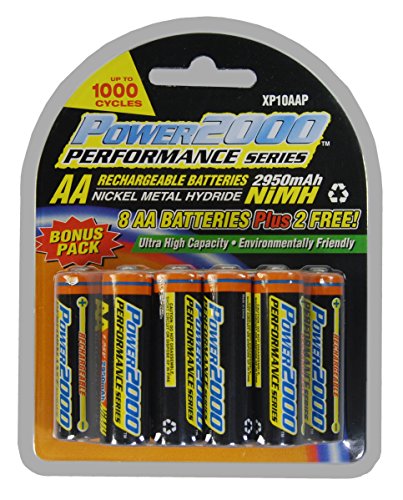 Power2000 AA Rechargeable Batteries, 1.2V Ni-MH, 2950mAh, 10 Pack