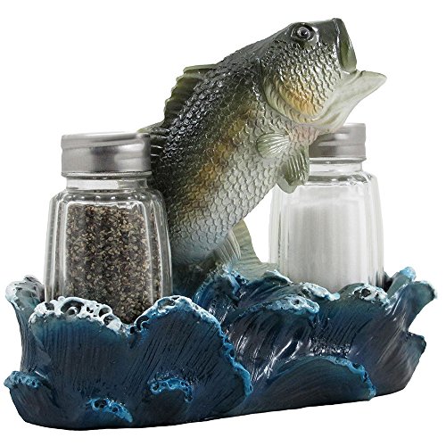 Bass Fishing Salt and Pepper Shaker Set with Holder Figurine for Rustic Cabin and Lodge Restaurant Bar or Kitchen Decor Fish Sculptures and Gifts for Fishermen Bass Fishing Salt and Pepper Shaker Set with Holder Figurine for Rustic Cabin and Lodge Restaurant Bar or Kitchen Decor Fish Sculptures and Gifts for Fishermen