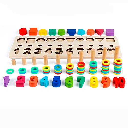 D-FantiX Wood Sorting Puzzles Toys Shape Color Sorter Math Stacking Blocks Counting Numbers 0-10 Ring Stacking Montessori Toys for Toddlers Kids Early Education Preschool Learning Toys