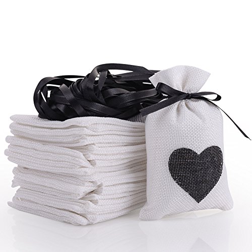 handrong 30pcs Burlap Bags Gift Pouches Heart Small Candy Jewelry Storage Package Sack for Wedding Bridal Shower Birthday Party Christmas Valentine's Day Favors DIY Craft, 5.5x3.7 inch (Black)