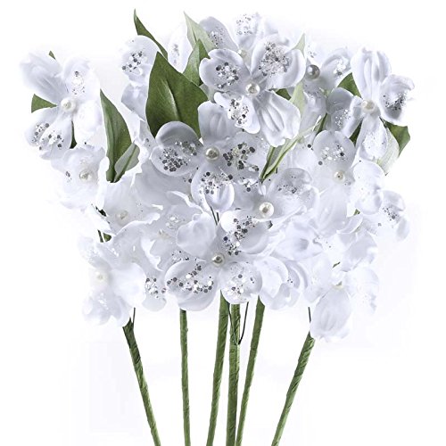 Group of 6 Elegant Sparkling Pearl Artificial Dogwood Floral Picks for Weddings, Embellishing and Displaying