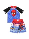 Spider-Man Superhero Boys Swim Trunks and Rash Guard Set (2T, Blue/Red)