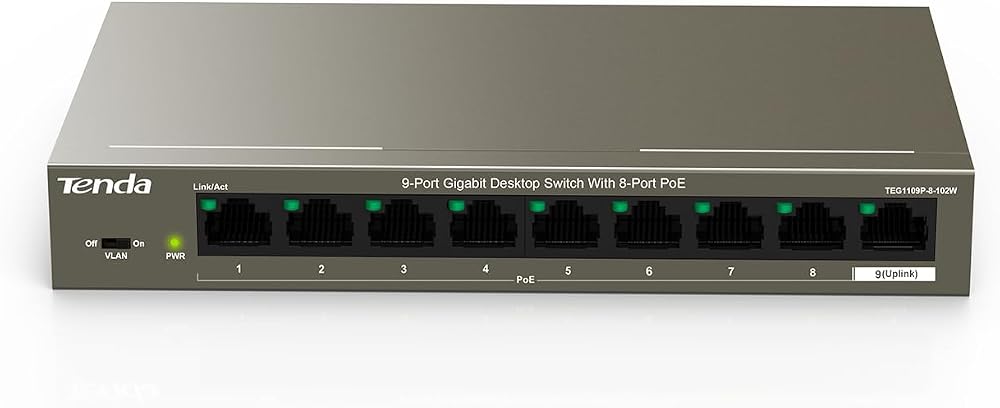 Tenda 9-Port Gigabit PoE Switch 8 PoE+ 92W Unmanaged Ethernet Plug Play Metal