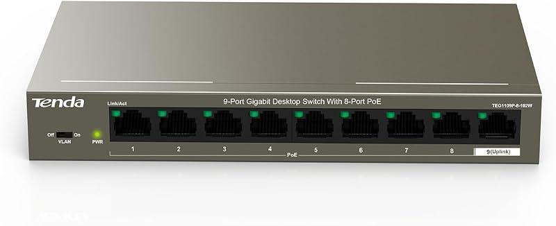 Tenda 9-Port Gigabit PoE Switch 8 PoE+ 92W Unmanaged Ethernet Plug Play Metal
