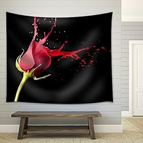 red Rose with red Splashes on Black Background - Fabric Wall Tapestry Home Decor - 51x60 inches