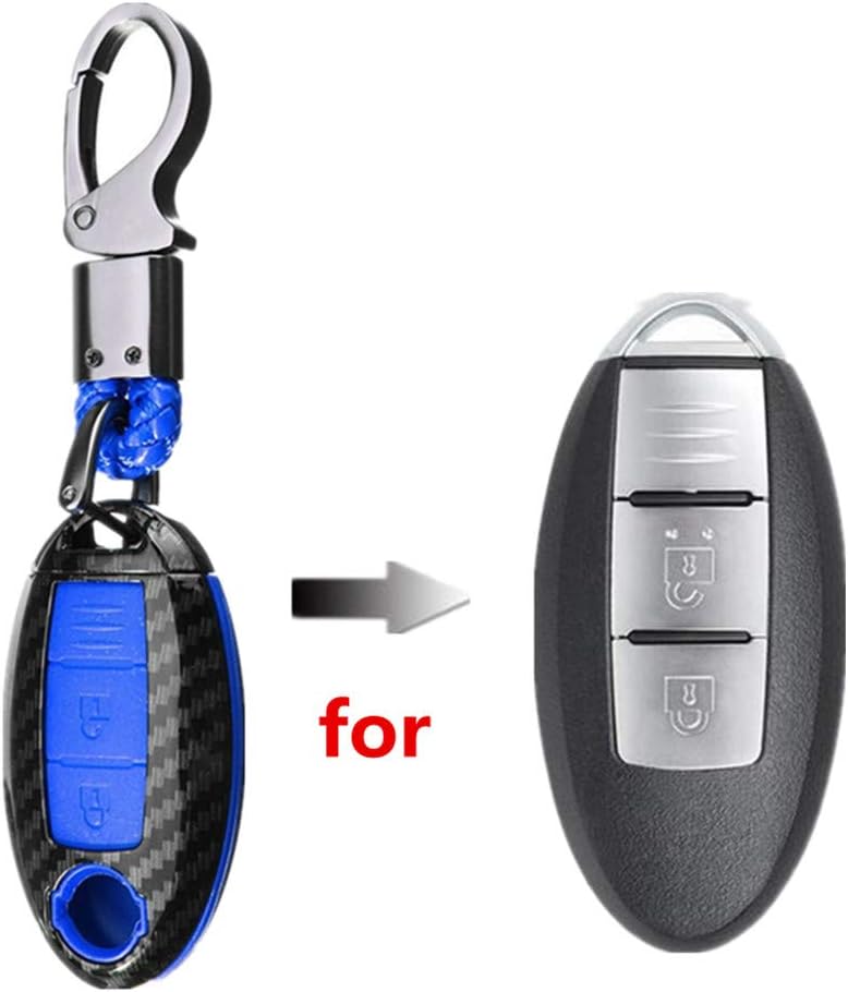 Happyit ABS Carbon Fiber Shell+Silicone Car Key Cover Case Keychain for Nissan 350Z Qashqai J10 J11 X-Trail t31 t32 Kicks Tiida Pathfinder Murano Note Juke 3 Buttons (Blue) - Image 3