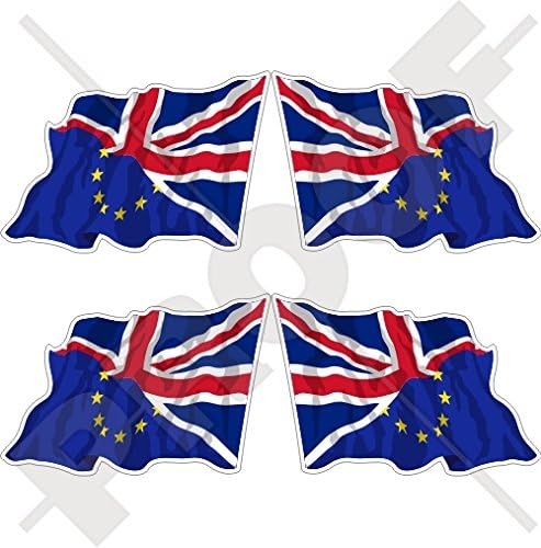 EUROPE-UK Waving Flag, European Union-United Kingdom EU-British Union Jack 2" (50mm) Vinyl Bumper-Helmet Stickers, Decals x4 (Left-Right)