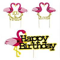 URTop 12Pcs Rose Flamingo YOU&ME LOVE Insert Card With Toothpick Cake Decoration Wedding Birthday Party Cute Gifts Happy Birthday Glitter Paper Cake Topper