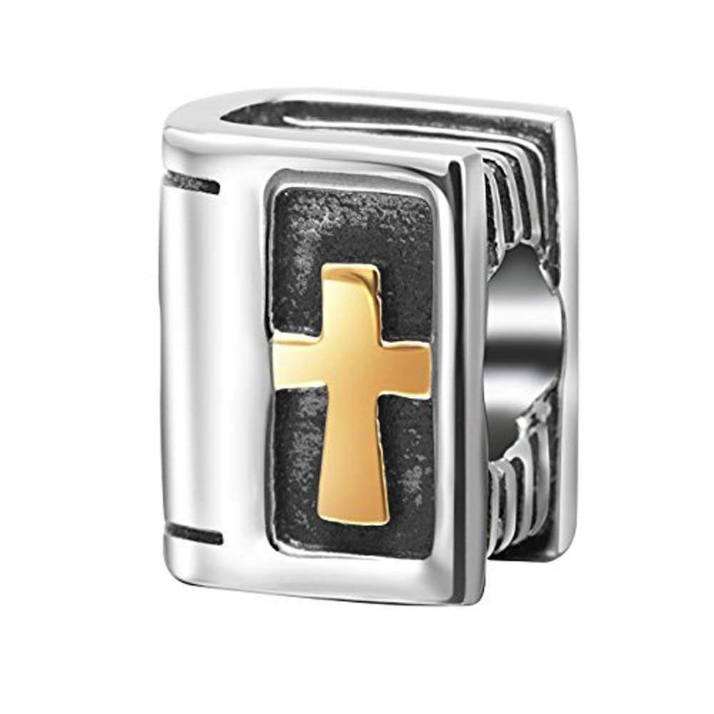 925 Sterling Silver Holy Bible Charm Cross Charm Christian Charm Religion Charm Keep Faith Charm Book Charm Christmas Charm for Pandora Charms Bracelet (A)