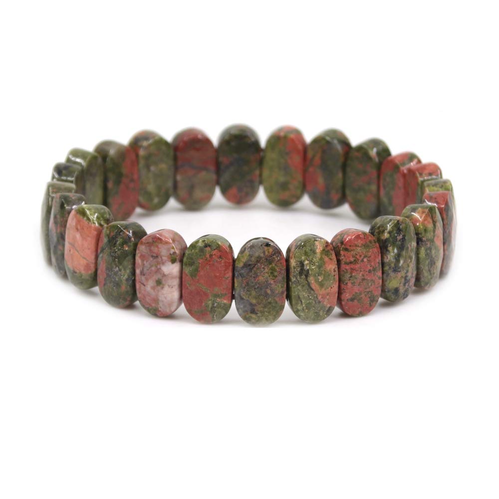 CHENYUE Natural Unakite Gemstone 14mm Faceted Oval Beads Stretch Bracelet 7.5 Inch Unisex