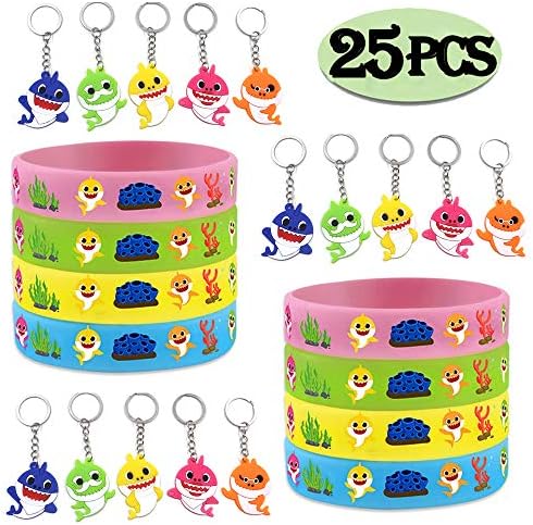 Shark Theme Party Favor for Kids, 10 pcs Shark Wristbands and 15 pcs Shark Keychain, Birthday Party Supplies, Colorful