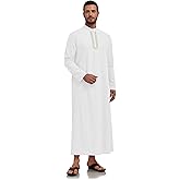 Jacansi Mens Button Down Robe Kaftan Thobe Casual Long Sleeve Cotton Linen Muslim Gown Thobes M-3XL