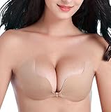 Deep V Sexy Strapless Backless Invisible Self Adhesive Push-up Wing Bra Silicone Breast Pad (Cup B, Nude)