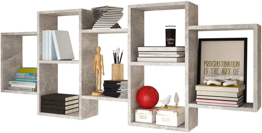 SELSEY KASSI - 7-Compartment Floating Shelf/Multi-Compartment Shelf/Hanging Display Ledge/Decorative Wall Shelf/Concrete Grey