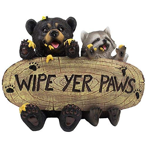 Black Bear and Raccoon Faux Wood Welcome Sign Statue with Reminder to Wipe Your Feet in Outdoor Garden Decor Sculptures & Yard Art for Front Porch, Patio or Deck As Rustic Housewarming Gifts