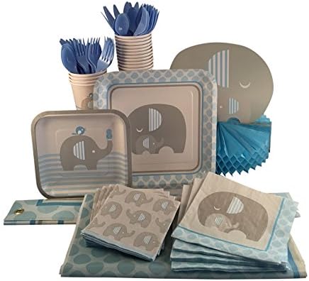 Baby Shower Plates and Party Supplies Serves 24 Elephant Theme with Napkins and Cups (235 Pieces) (Blue)