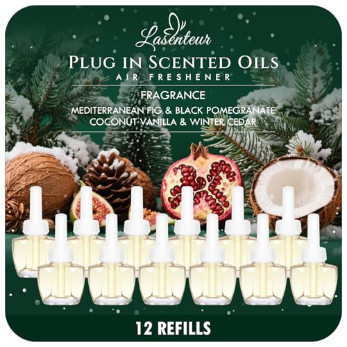 Plug in Air Freshener Refills 12 Pack – Mediterranean Fig, Black Pomegranate, Coconut Vanilla & Winter Cedar Scents – Adjustable Fragrance for Rooms & Bathrooms – Compatible with Air Wick & Glade