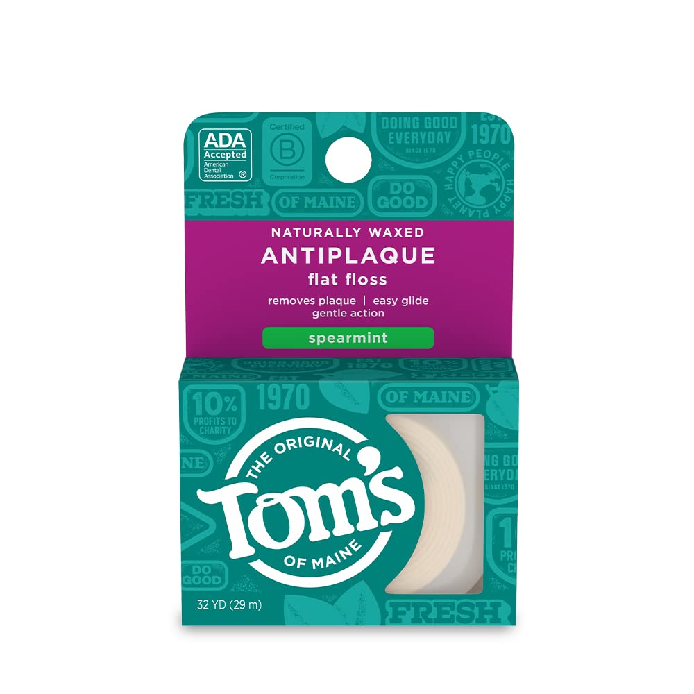 Tom's of Maine Natural Antiplaque Flat Floss, Waxed, Spearmint, 32 yards