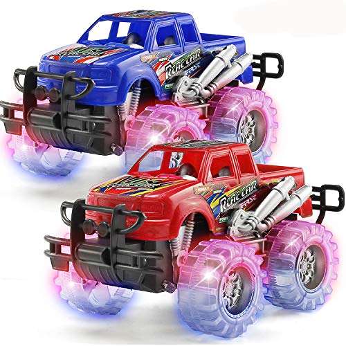 2 pack light up monster truck car toy with beautiful flashing led tires, best birthday gift for boy girl ages 3+, push n go cars, friction toy, race truck car for kid party favors and daily play