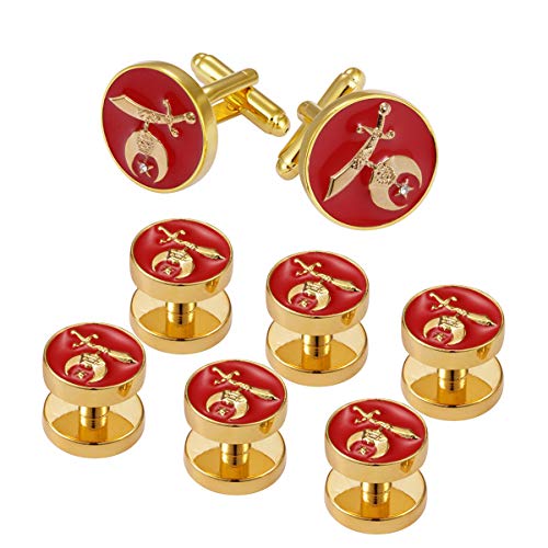 The Quiet Witness 4031846 Set of 6 Shriner Tuxedo Studs & Pair Cuff Links Red Shirt Studs Shrine Noble Scimitar Moon Star Formal Wear Cufflinks