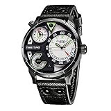 Men's Black Leather Strap Watches - Quartz Analog Date, Dual Time, Big Face Casual Wrist Watch for Men
