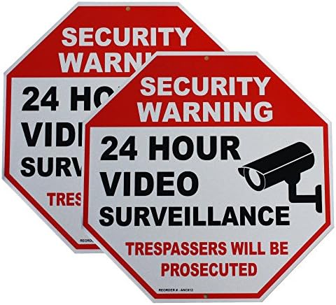 Get 2 Reflective Video Surveillance Security Sign With 4 SCREWS - No Trespassing sign - 12 x12 Octagon .4mm thick rust free aluminum Security Camera sign