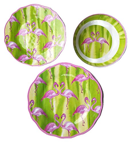 12 Piece Cynthia Rowley Pink And Green Flamingo Melamine Dinner